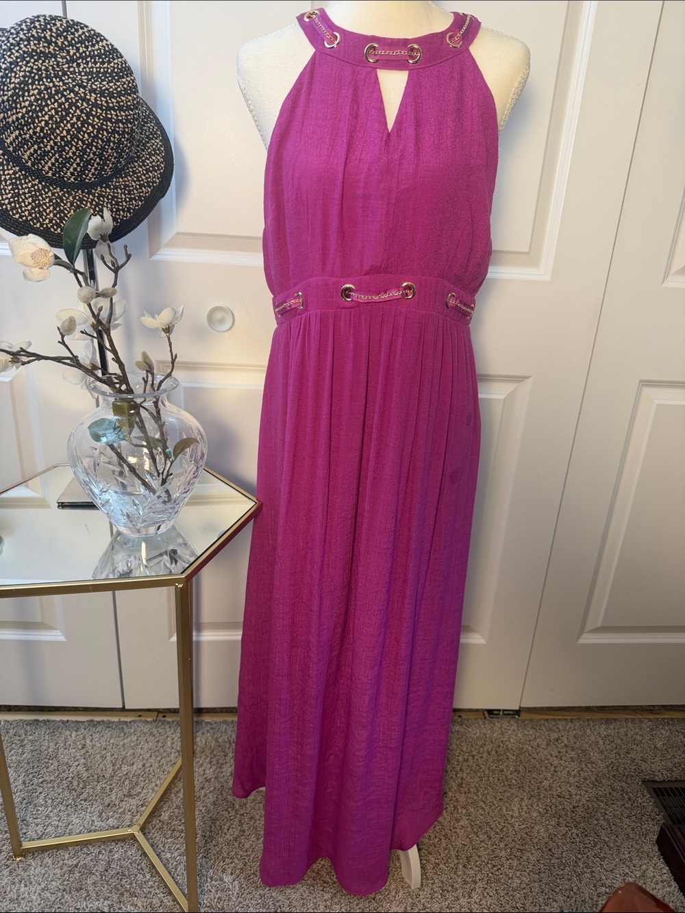 Magenta Halter Maxi Dress with Gold Grommet Accents m